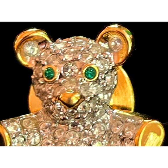 Swarovski Gold-Tone Crystal Teddy Bear Lapel Pin With Green Gem Eyes - Picture 2 of 7